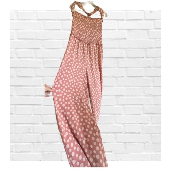 Candie’s Pink and Cream Polka Dot Jumpsuit Smocked Bodice Wide Leg Women’s XL - Picture 4 of 7